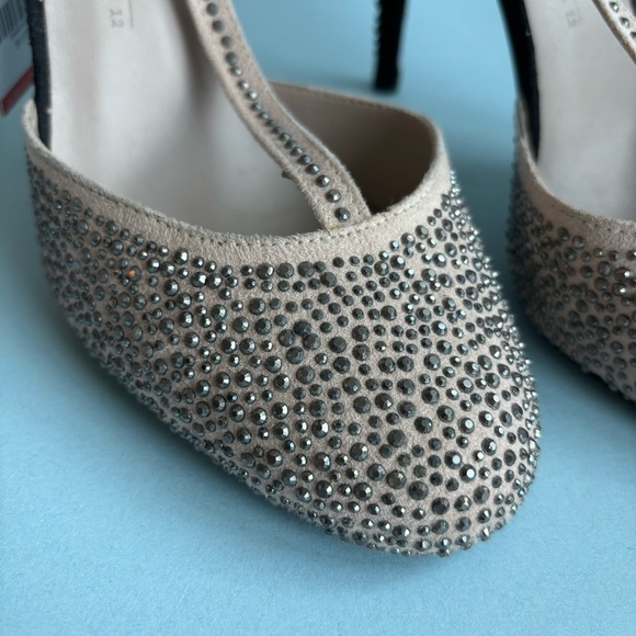 Rhinestone Studded T-strap Heels in Nude/Black/Pewter combination - Picture 2 of 7